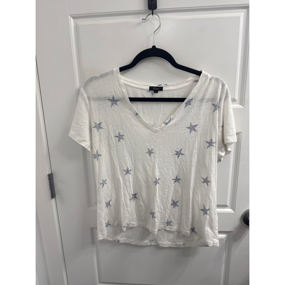 3/$30 Rails The Cara V Neck Celestial Stars Linen Blend White Blue Star T Small